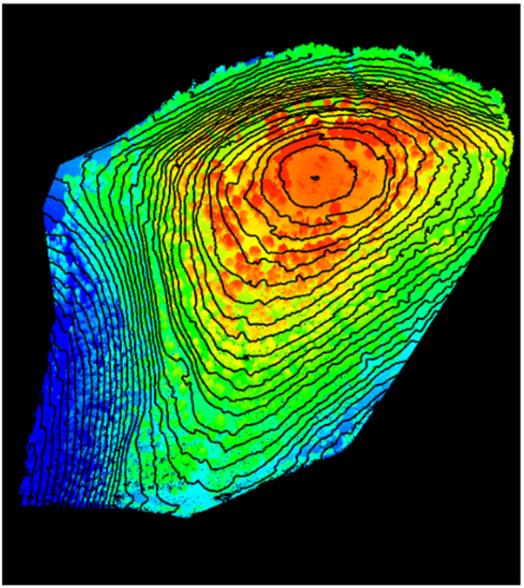 A color-coded terrain and canopy analysis used in forestry inventory.