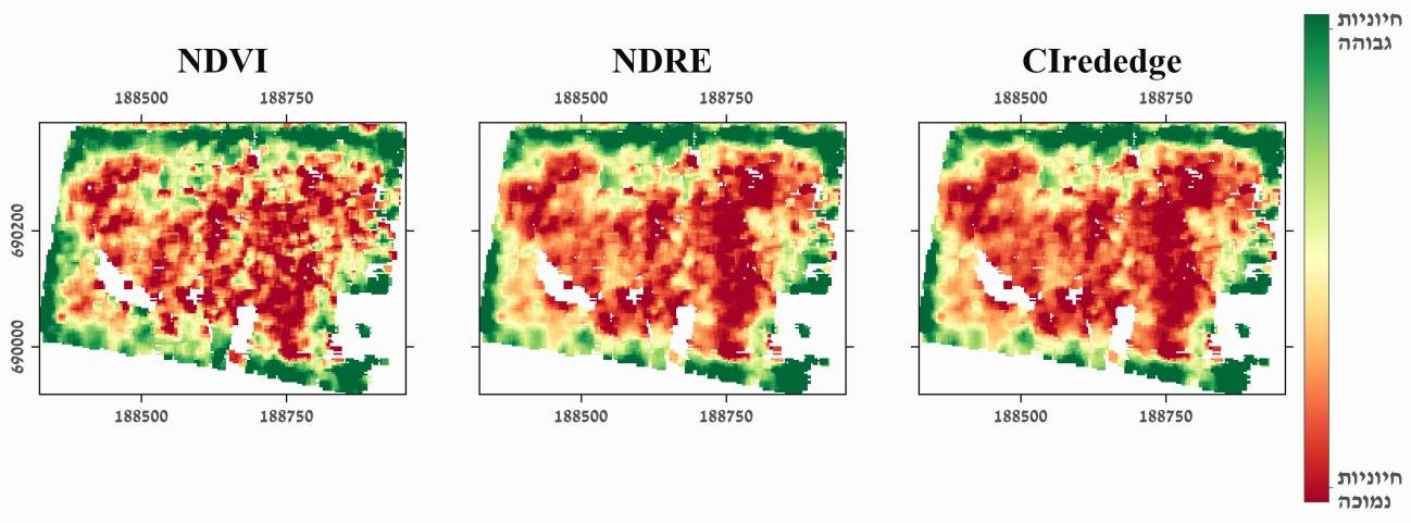 NDVI, NDRE and red-edge vitality maps of Sergeants Grove
